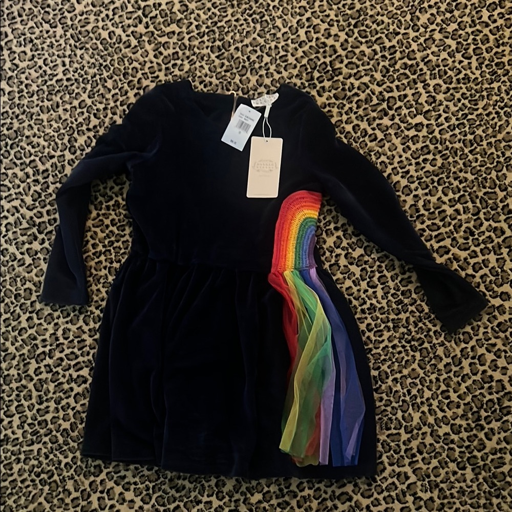 Hannah Banana Girls' Navy Dress with Rainbow Detail